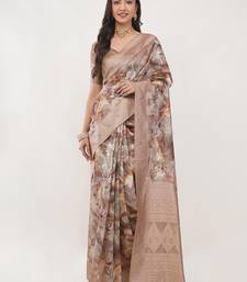 Beige silk blend printed saree with blouse
