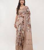 Beige silk blend printed saree with blouse