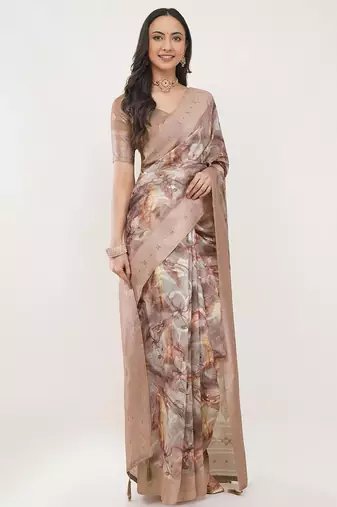 Beige silk blend printed saree with blouse