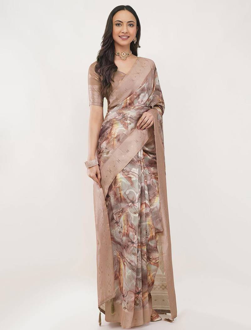 Beige silk blend printed saree with blouse