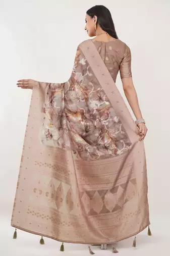 Beige silk blend printed saree with blouse