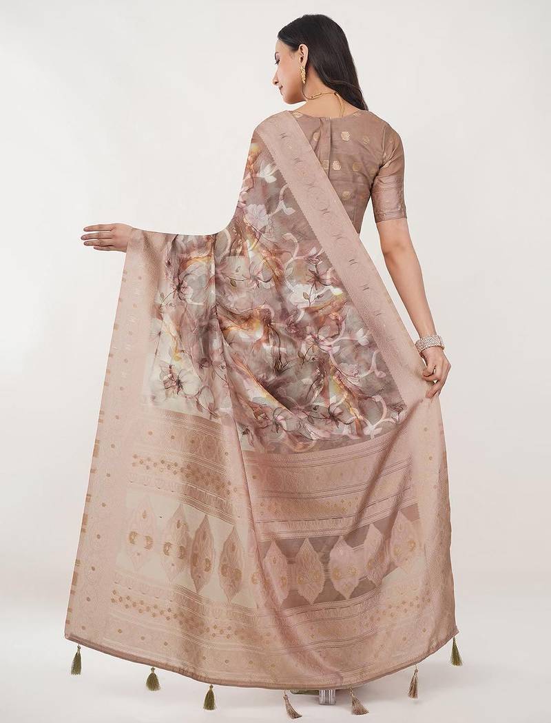 Beige silk blend printed saree with blouse