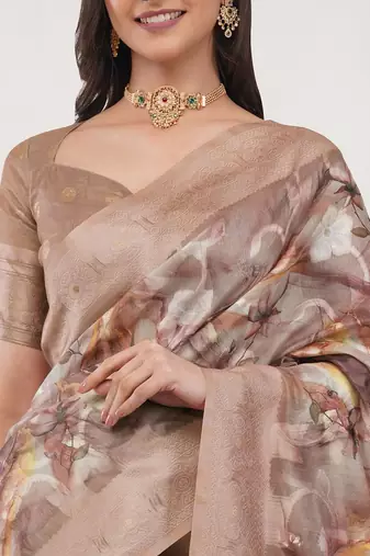 Beige silk blend printed saree with blouse