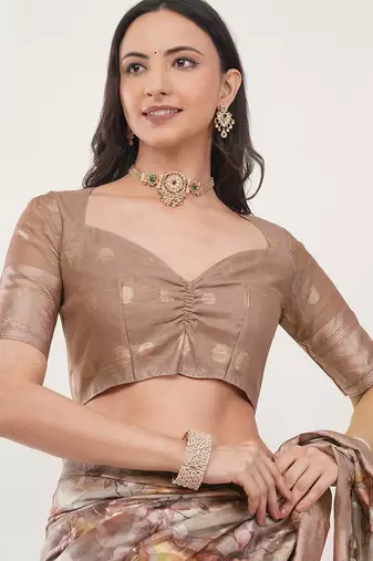 Beige silk blend printed saree with blouse
