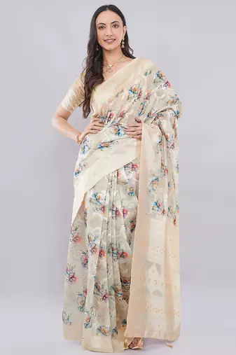 Cream silk blend printed saree with blouse
