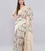 Cream silk blend printed saree with blouse