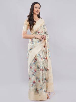 Cream silk blend printed saree with blouse 2