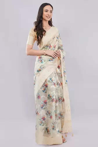 Cream silk blend printed saree with blouse