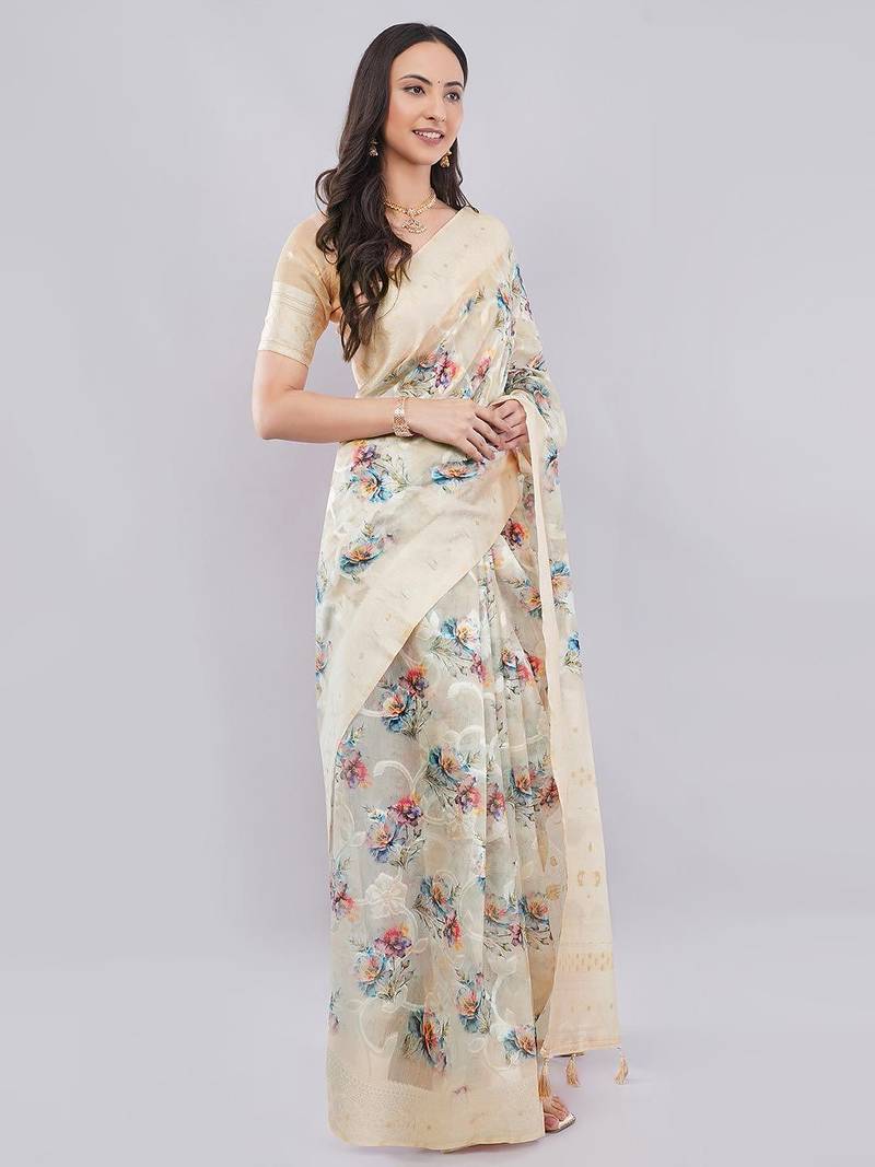 Cream silk blend printed saree with blouse