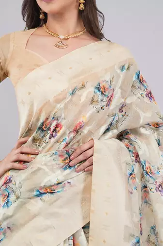 Cream silk blend printed saree with blouse