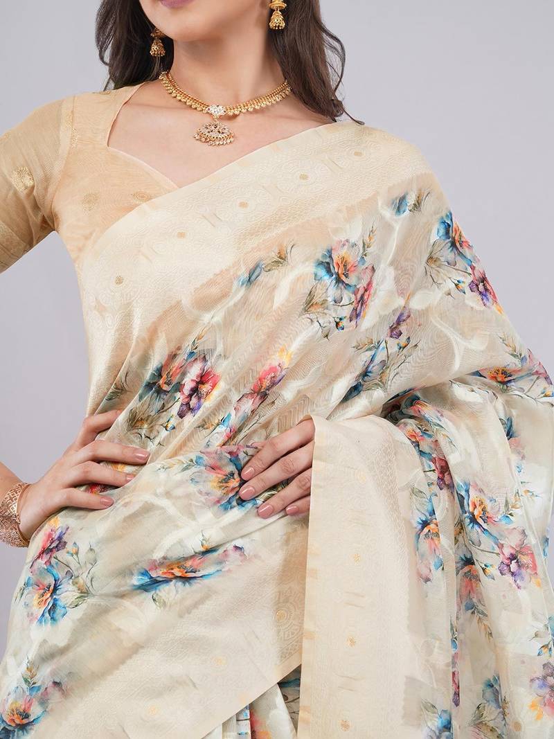 Cream silk blend printed saree with blouse