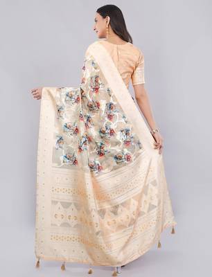 Cream silk blend printed saree with blouse 4