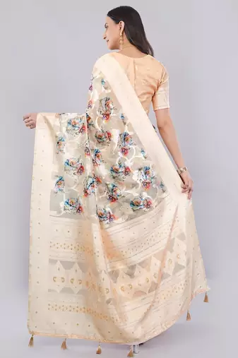 Cream silk blend printed saree with blouse