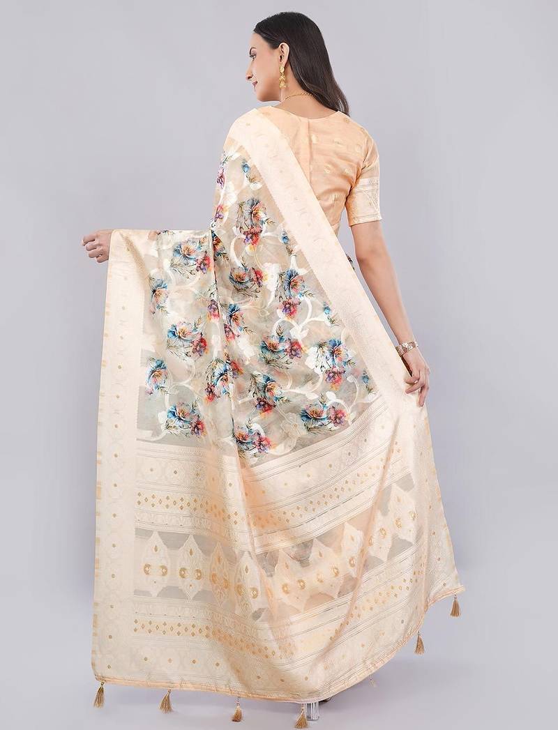 Cream silk blend printed saree with blouse