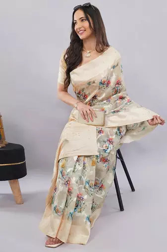 Cream silk blend printed saree with blouse