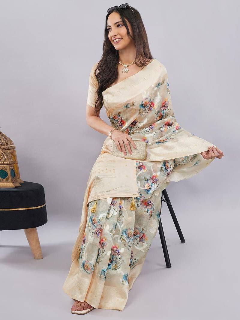 Cream silk blend printed saree with blouse