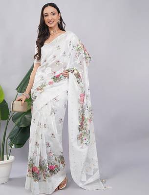 White silk blend printed saree with blouse 1