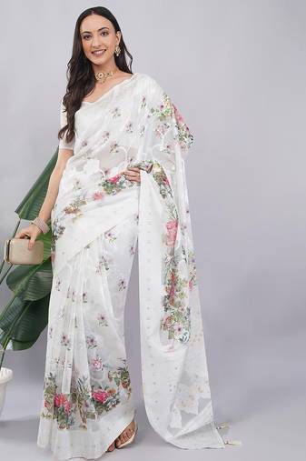 White silk blend printed saree with blouse