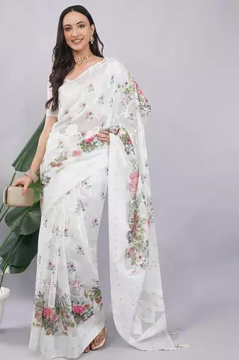 White silk blend printed saree with blouse