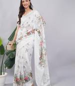White silk blend printed saree with blouse