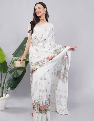 White silk blend printed saree with blouse 2