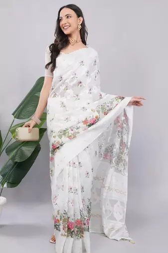 White silk blend printed saree with blouse