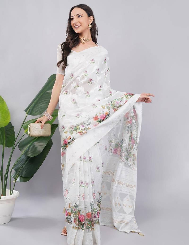 White silk blend printed saree with blouse