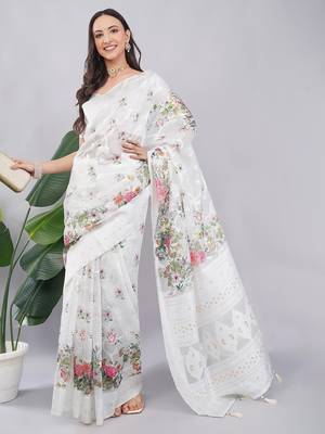 White silk blend printed saree with blouse 3