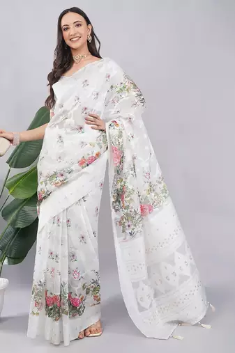 White silk blend printed saree with blouse