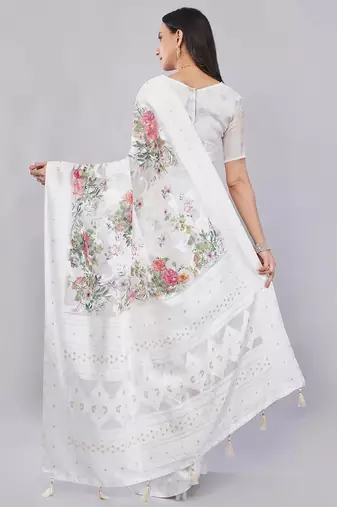 White silk blend printed saree with blouse
