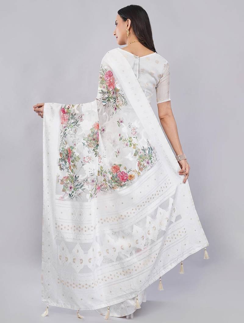 White silk blend printed saree with blouse