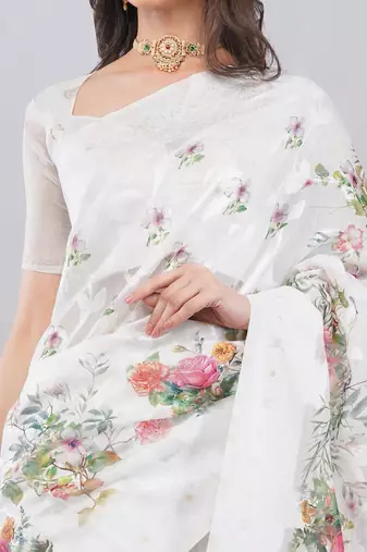 White silk blend printed saree with blouse