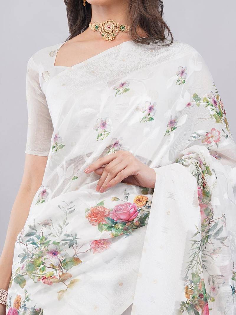 White silk blend printed saree with blouse
