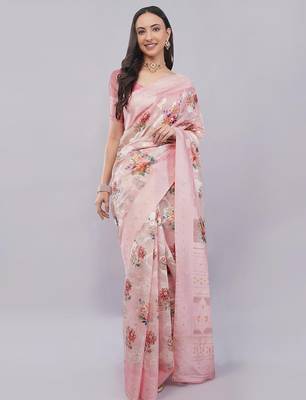 Pink silk blend printed saree with blouse 1