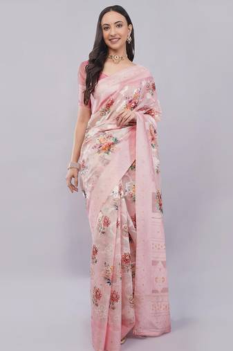 Pink silk blend printed saree with blouse