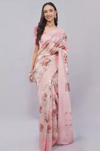 Pink silk blend printed saree with blouse
