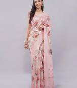 Pink silk blend printed saree with blouse