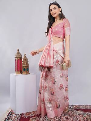 Pink silk blend printed saree with blouse 2