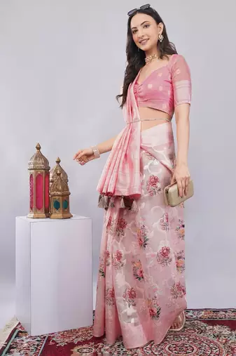 Pink silk blend printed saree with blouse