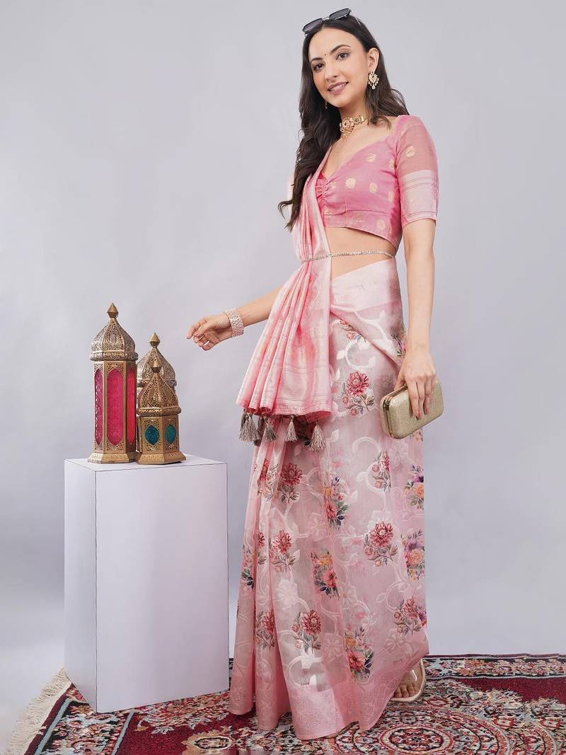 Pink silk blend printed saree with blouse