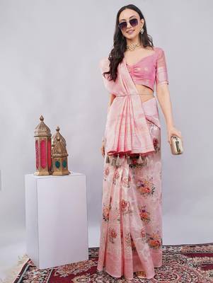 Pink silk blend printed saree with blouse 3
