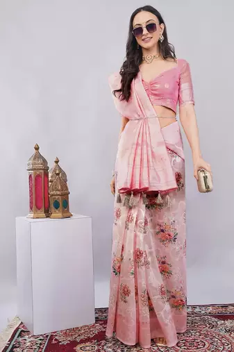 Pink silk blend printed saree with blouse