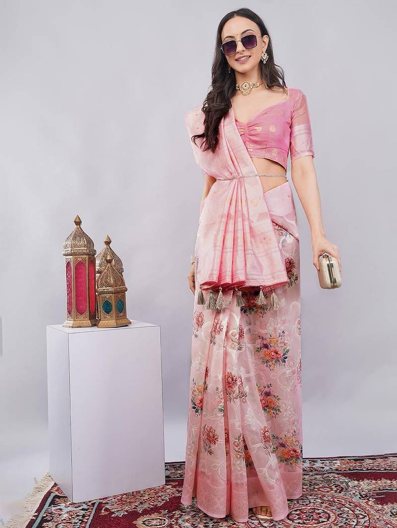 Pink silk blend printed saree with blouse