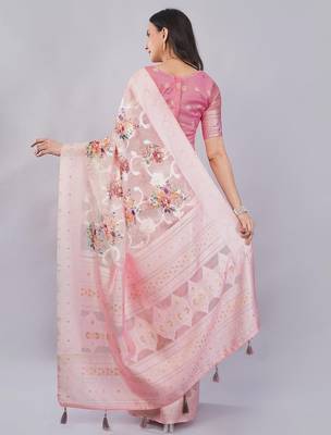 Pink silk blend printed saree with blouse 4