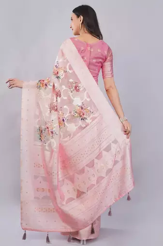 Pink silk blend printed saree with blouse