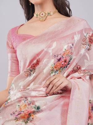 Pink silk blend printed saree with blouse 5