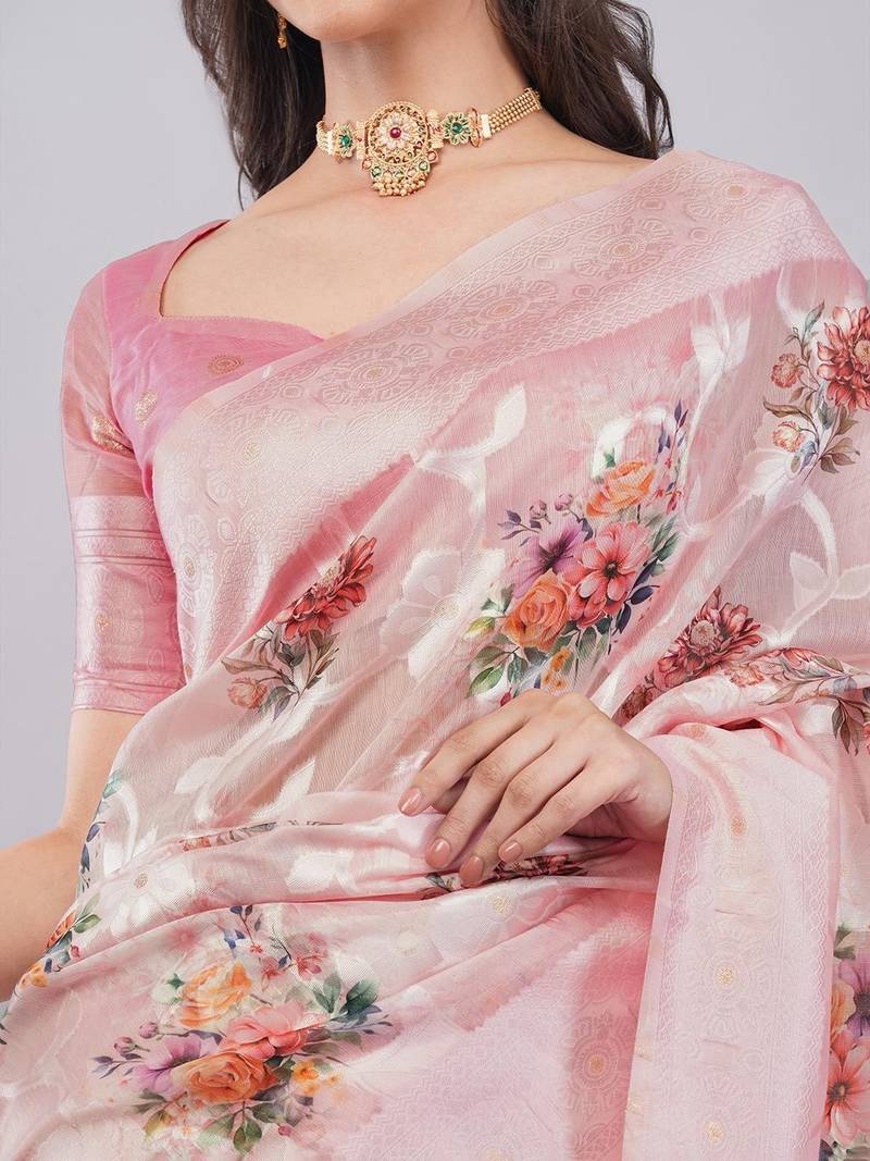 Pink silk blend printed saree with blouse