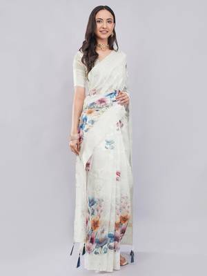 Off white silk blend printed saree with blouse 1