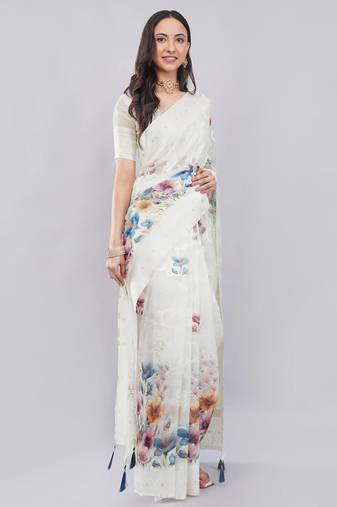 Off white silk blend printed saree with blouse