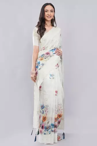 Off white silk blend printed saree with blouse